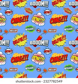 Wow seamless pattern. Seamless pattern with comic style phrases. Vector design element.