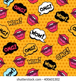 Wow! Seamless pattern in pop art comic style with speech bubbles and girl lips on yellow halftone background.