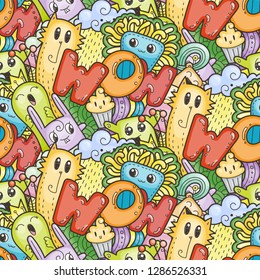 Wow. Seamless vector pattern with cute cartoon monsters and beasts. Nice for packaging, wrapping paper, coloring pages, wallpaper, fabric, fashion, home decor, prints etc. Vector illustration