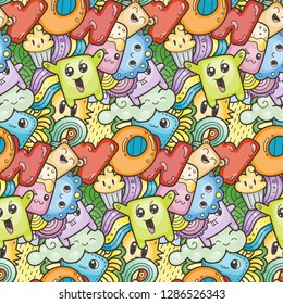 Wow. Seamless vector pattern with cute cartoon monsters and beasts. Nice for packaging, wrapping paper, coloring pages, wallpaper, fabric, fashion, home decor, prints etc. Vector illustration