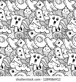 Wow. Seamless vector pattern with cute cartoon monsters and beasts. Nice for packaging, wrapping paper, coloring pages, wallpaper, fabric, fashion, home decor, prints etc. Vector illustration