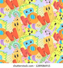 Wow. Seamless vector pattern with cute cartoon monsters and beasts. Nice for packaging, wrapping paper, coloring pages, wallpaper, fabric, fashion, home decor, prints etc. Vector illustration