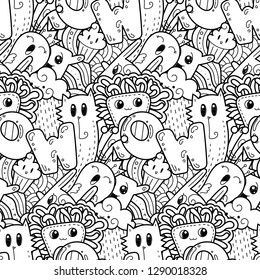 Wow. Seamless vector pattern with cute cartoon monsters and beasts. Nice for packaging, wrapping paper, coloring pages, wallpaper, fabric, fashion, home decor, prints etc. Vector illustration