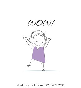 "Wow" sagt sie, "Doodle style" Charakter. Eine Illustration von einfachen menschlichen Bewegungen und Emotionen.