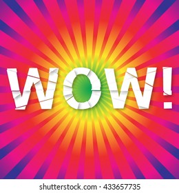 Wow sign with broken text.Vector illustration. 
Rainbow background.