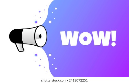 WOW sign. Flat, purple, pop art style, megaphone text, WOW icon. Vector icon