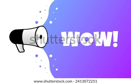 WOW sign. Flat, purple, pop art style, megaphone text, WOW icon. Vector icon