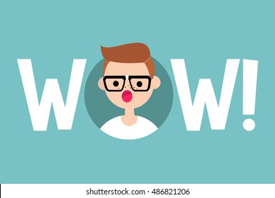 Wow sign: surprised young nerd with open mouth / Flat vector sign. Clip art design element