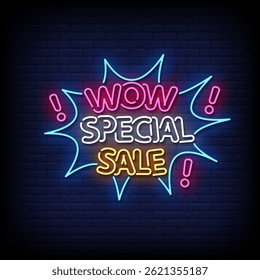 wow special sale neon sign with brick wall background vector