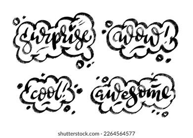 Wow, surprise, cool, awesome words speech bubble icon symbols. Hand drawn monochrome vector lettering designs for stickers, banners, cards.