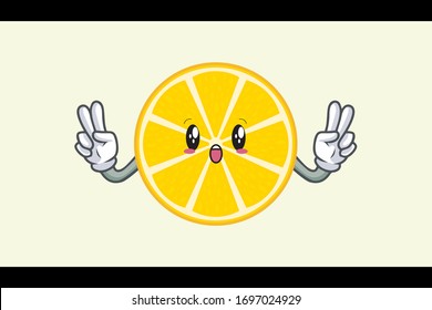 WOW, ÜBERRASCHT, ERRUNGT, "DISMAY Face. Doppelter friedlicher Finger. Maskottabilustration. Slice Lemon Fruit.