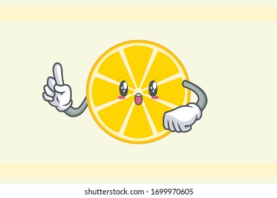 WOW ,SURPRISED, AMAZED, DISMAY Face. Index Finger, Forefinger Gesture. Mascot Illustration Slice Lemon Fruit.