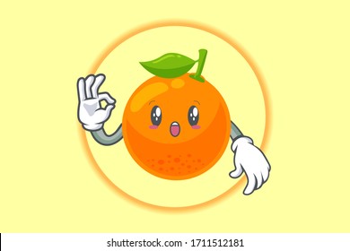 WOW, SORPRENDIDO, ASOMBRADO, ENFRENTADO. Bien, Niza, Acuerdo Gesture. Ilustración de vectores de mascota. Caricatura de frutas del cítrico naranja.