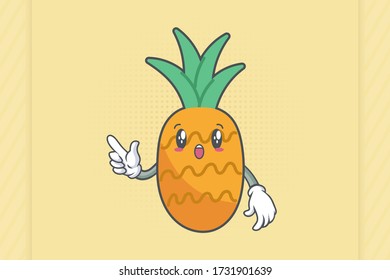 WOW ,SURPRISED, AMAZED, DISMAY Face Emotion. forefinger pointed at Hand Gesture. Pineapple Fruit Cartoon Drawn Mascot Illustration.