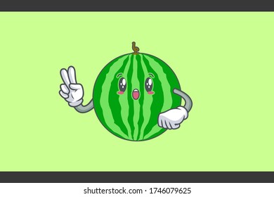 WOW ,SURPRISED, AMAZED, DISMAY Face Emotion. Peace Hand Gesture. Watermelon Fruit Cartoon Drawing Mascot Illustration.