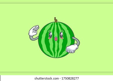 WOW ,SURPRISED, AMAZED, DISMAY Face Emotion. Salute Hand Gesture. Watermelon Fruit Cartoon Drawing Mascot Illustration.