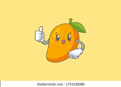 WOW ,SURPRISED, AMAZED, DISMAY Face Emotion. Thumb Up Hand Gesture. Yellow Mango Fruit Cartoon Drawing Mascot Illustration.