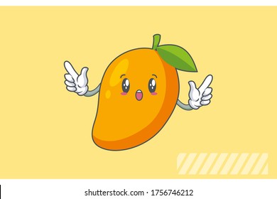 WOW, SORPRENDIDO, ASOMBRADO, ENOJADO, ENFRENTAMIENTO. Gesto de mano doble de la pistola de la puerta. Caricatura De La Fruta De Mango Amarilla Dibujando Ilustración De Mascota.