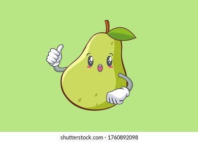 WOW ,SURPRISED, AMAZED, DISMAY Face Emotion. Thumb Up Hand Gesture. Green Pear Fruit Cartoon Drawing Mascot Illustration.