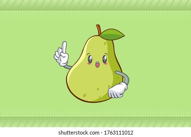 WOW, SURPRISED, AMAZED, DISMAY Face Emotion. Forefinger Hand Gesture. Green Pear Fruit Cartoon Drawing Mascot Illustration.