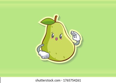 WOW, SURPRISED, AMAZED, DISMAY Face Emotion. Salute Hand Gesture. Green Pear Fruit Cartoon Drawing Mascot Illustration.
