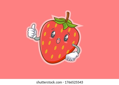 WOW, SURPRISED, AMAZED, DISMAY Face Emotion. Thumb Up Hand Gesture. Red Strawberry Fruit Cartoon Drawing Mascot Illustration.