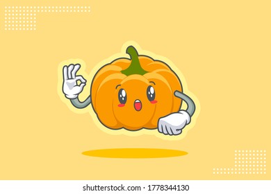 WOW, SURPRISED, AMAZED, DISMAY Face Emotion. Nice Hand Gesture. Yellow, Orange Pumpkin Fruit Cartoon Drawing Mascot Illustration.