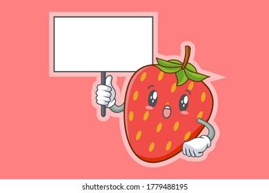 WOW, SORPRENDIDO, ASOMBRADO, ENFRENTADO FRENTE A LA Emoción. Con Gesto De Mano De La Pizarra. Caricatura De Fruta De Fresa Roja Dibujando Ilustración De Mascota.