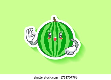 WOW, SORPRENDIDO, ASOMBRADO, ENFRENTADO FRENTE A LA Emoción. Buen Gesto De Mano. Dibujo de dibujos de mascotas con dibujos animados con frutas de sandía.