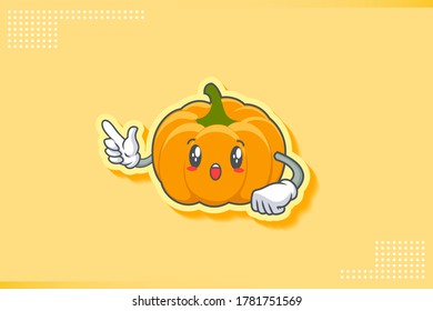 WOW, SURPRISED, AMAZED, DISMAY Face Emotion. Finger Gun Hand Gesture. Yellow, Orange Pumpkin Fruit Cartoon Drawing Mascot Illustration.