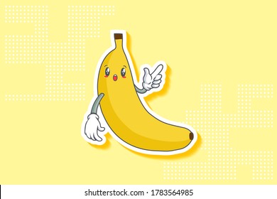 WOW, SORPRENDIDO, ASOMBRADO, ENFRENTADO FRENTE A LA Emoción. Gesto de la pistola de dedo índice. Caricatura de fruta bananera dibujando una ilustración de mascota.