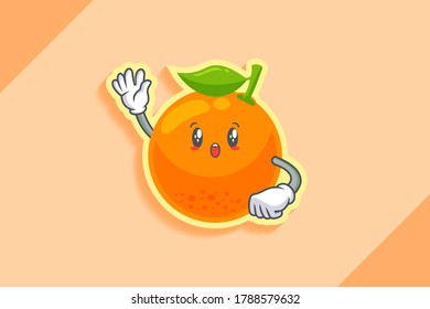 WOW, SURPRISED, AMAZED, DISMAY Face Emotion. Waving Hand Gesture. Orange, Citrus Fruit Cartoon Drawing Mascot Illustration.