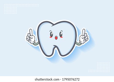 WOW, SURPRISED, AMAZED, DISMAY Face Emotion. Double Forefinger Hand Gesture. Tooth Cartoon Drawing Mascot Illustration.