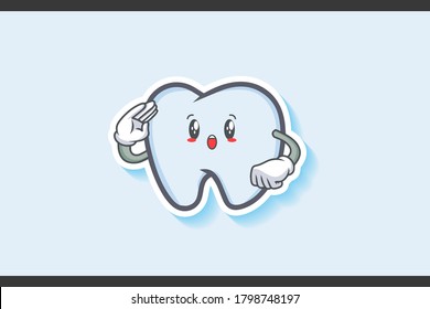 WOW, SURPRISED, AMAZED, DISMAY Face Emotion. Salute, Respect Handgun Gesture. Tooth Cartoon Drawing Mascot Illustration.