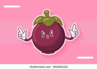 WOW, SORPRENDIDO, ASOMBRADO, ENFRENTADO FRENTE A LA Emoción. Gesto de doble arma. Caricatura De Fruta De Mangosteen Dibujando Ilustración De Mascota.