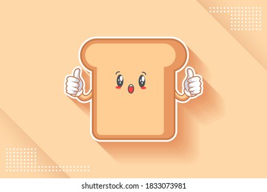 WOW, SURPRISED, AMAZED, DISMAY Face Emotion. Double Thumb up hand Gesture. Bread Food Cartoon Drawing Mascot Illustration.