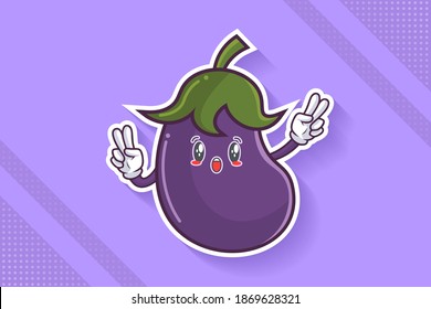WOW, SURPRISED, AMAZED, DISMAY Face Emotion. Double Peace Finger Hand Gesture. Eggplant vegetable Cartoon Drawing Mascot Illustration.