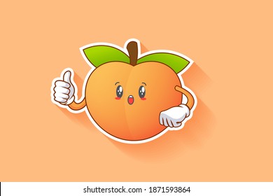 WOW, SURPRISED, AMAZED, DISMAY Face Emotion. Thumb Up Finger Hand Gesture. Peach Fruit Cartoon Drawing Mascot Illustration.