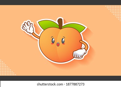 WOW, SURPRISED, AMAZED, DISMAY Face Emotion. Waving Hand Gesture. Peach Fruit Cartoon Drawing Mascot Illustration.