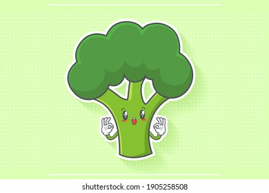 WOW, SURPRISED, AMAZED, DISMAY Face Emotion. Double Nice Finger Hand Gesture. Broccoli Vegetable Cartoon Drawing Mascot Illustration.