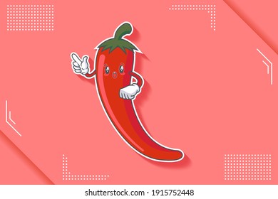 WOW, SURPRISED, AMAZED, DISMAY Face Emotion. Forefinger Handgun Gesture. Chili Vegetable Character Cartoon Drawing Mascot Illustration.