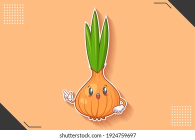 WOW, SORPRENDIDO, ASOMBRADO, ENFRENTADO FRENTE A LA Emoción. Gesto de pistola. Cebolla, Caricatura De Caricatura Vegetable De Ajo Dibujando Ilustración De Mascota.