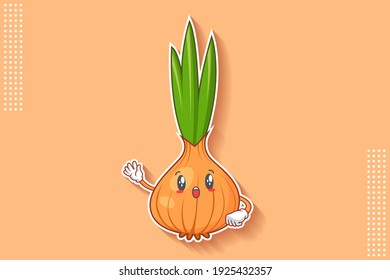 WOW, SURPRISED, AMAZED, DISMAY Face Emotion. Salute, Respect Hand Gesture. White Onion, Garlic Vegetable Character Cartoon Drawing Mascot Illustration.
