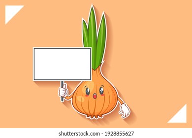 WOW, SURPRISED, AMAZED, DISMAY Face Emotion. Holding Whiteboard Gesture. Onion, Garlic Vegetable Character Cartoon Drawing Mascot Illustration.