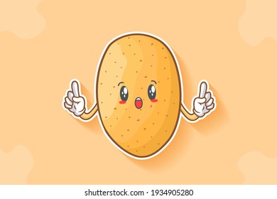 WOW, SURPRISED, AMAZED, DISMAY Face Emotion. Double ForeFinger Hand Gesture. Potato Vegetable Character Cartoon Drawing Mascot Illustration.