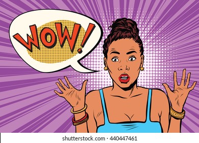 Wow surprised beautiful woman, African American black people pop art retro vector. Emotional beautiful girl