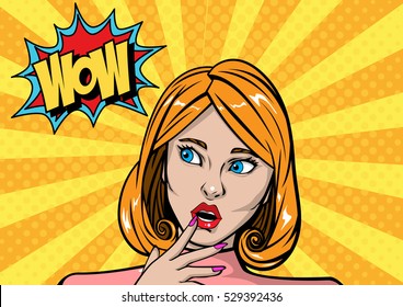 Wow surprised beautiful woman, blonde hair people pop art retro vector. Emotional beautiful girl with white background.