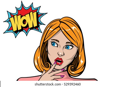 Wow surprised beautiful woman, blonde hair people pop art retro vector. Emotional beautiful girl with white background.