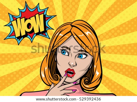 Wow surprised beautiful woman, blonde hair people pop art retro vector. Emotional beautiful girl with white background.