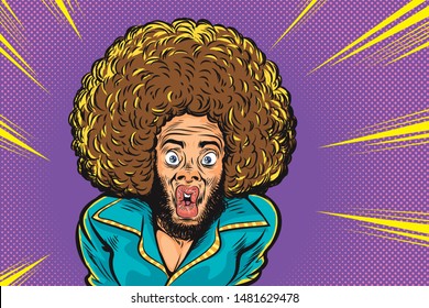 Wow surprised man Afro hair faces.happy young surprised african man with open mouths colorful cartoon background in pop art comic retro style.